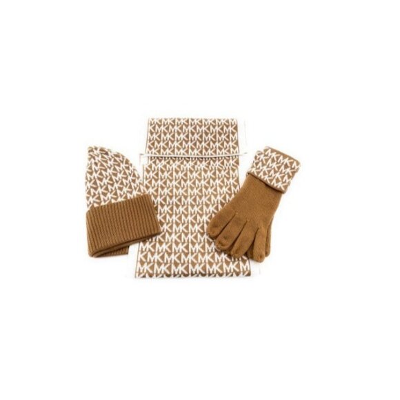 MICHAEL KORS logo knit women's  scarf +beanie hat + gloves 3 Piece set TAN - Picture 2 of 8